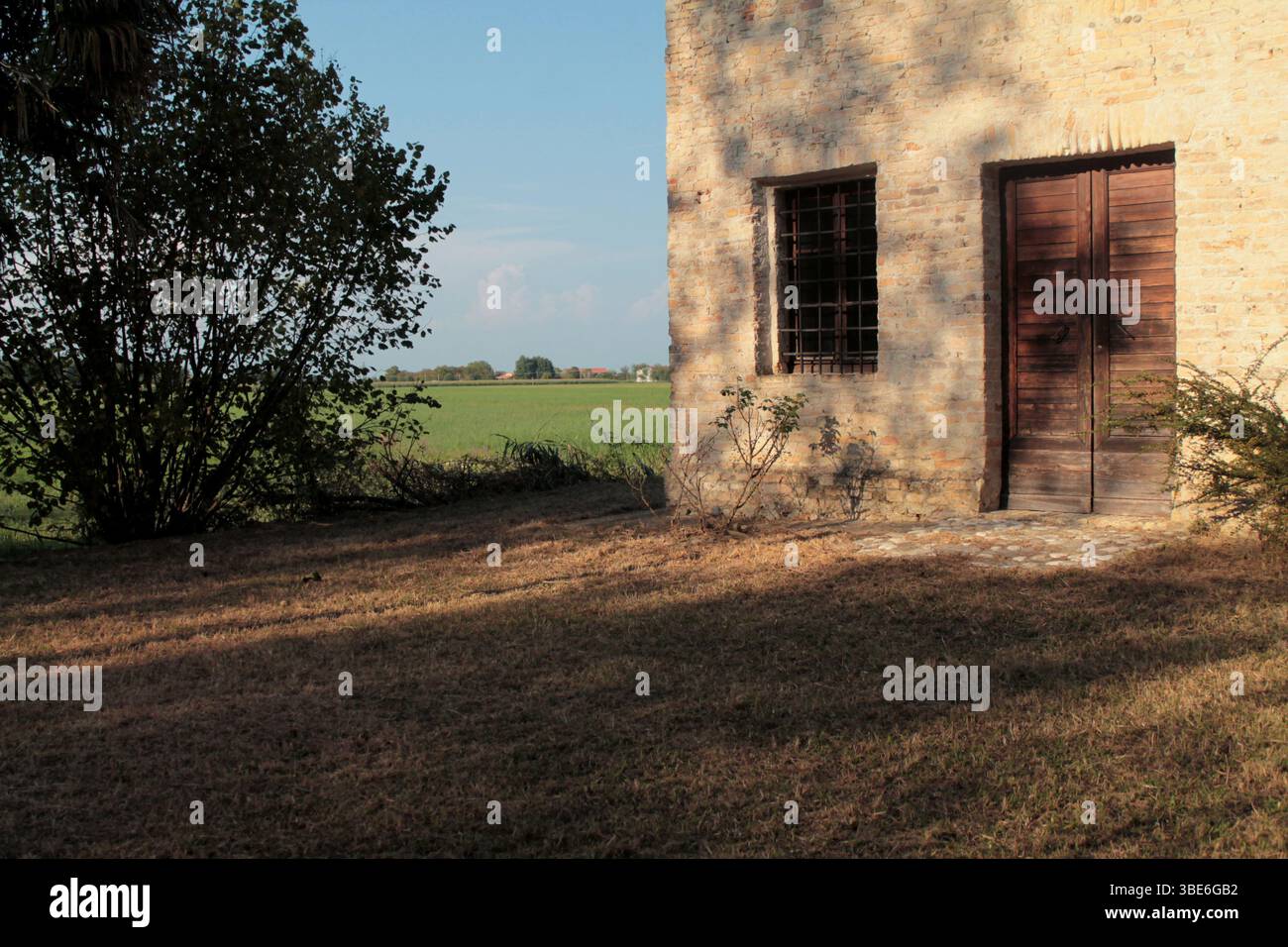 Le rovine in mattoni gialli e la vecchia chiesa in campagna, sotto la calda luce del sole del tardo pomeriggio, l'ombra degli alberi si estende sul muro. Foto Stock