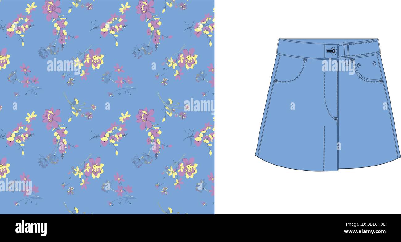Minigonna in denim con stampa floreale per uno schizzo piatto e un motivo in tessuto Illustrazione Vettoriale