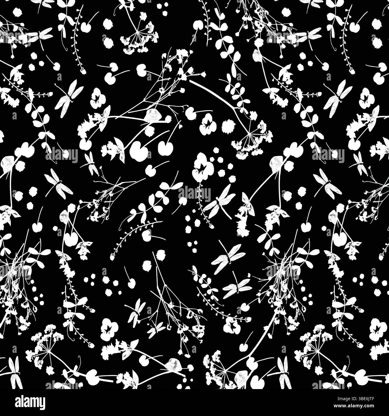 Motivo floreale bianco e libellula su sfondo nero, design in tessuto senza cuciture Illustrazione Vettoriale