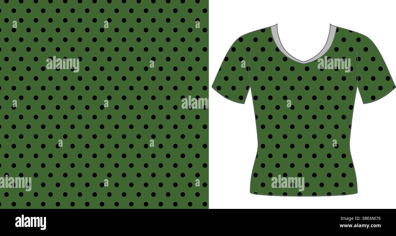 T shirt verde scuro con motivo a pois nero senza cuciture Illustrazione Vettoriale
