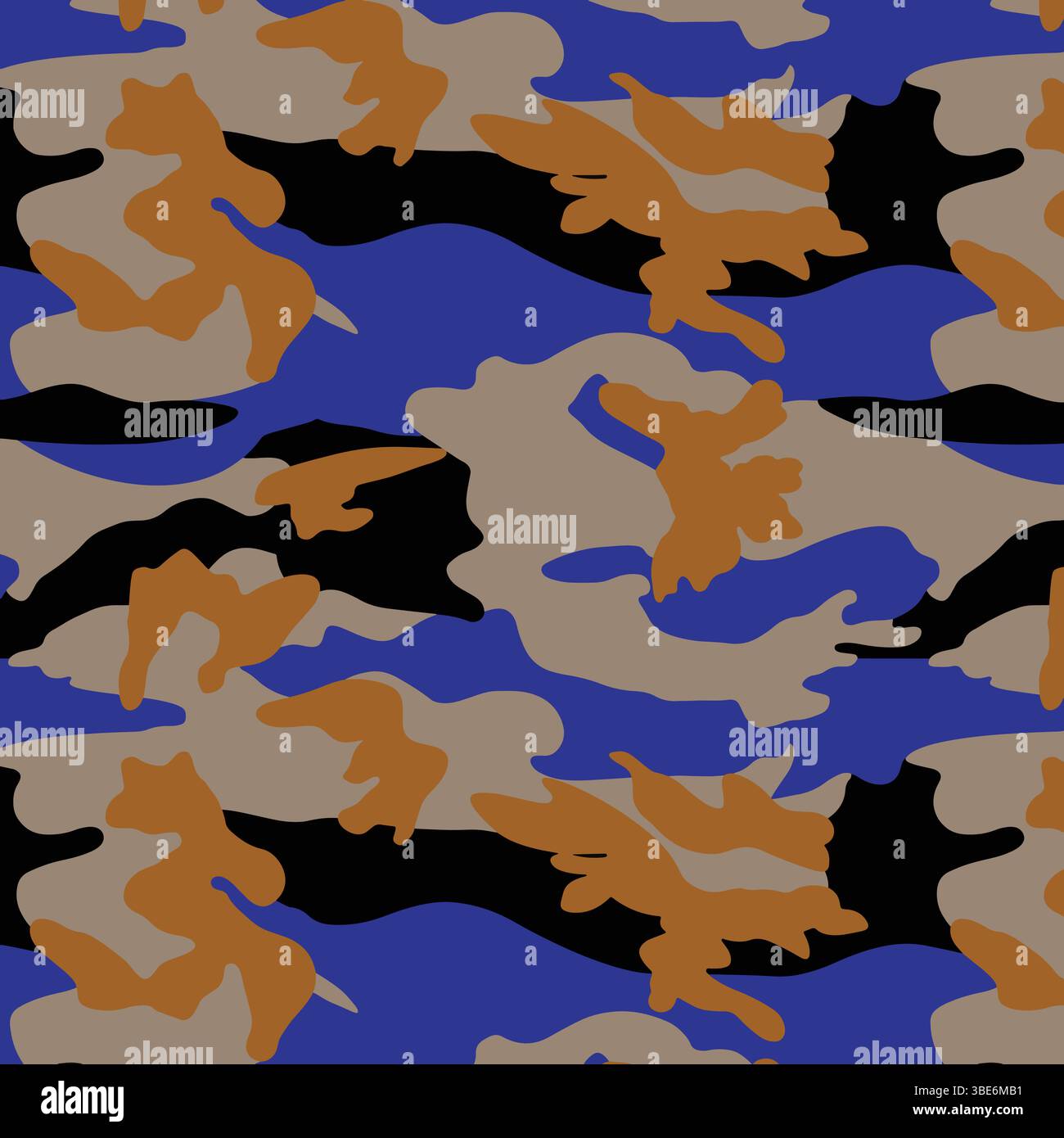 Motivo camouflage astratto in blu, arancione, nero e grigio, design a ripetizione senza cuciture Illustrazione Vettoriale