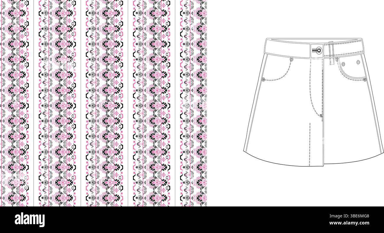 Minigonna in denim ricamata con motivo in tessuto a righe verticali rosa e nero Illustrazione Vettoriale
