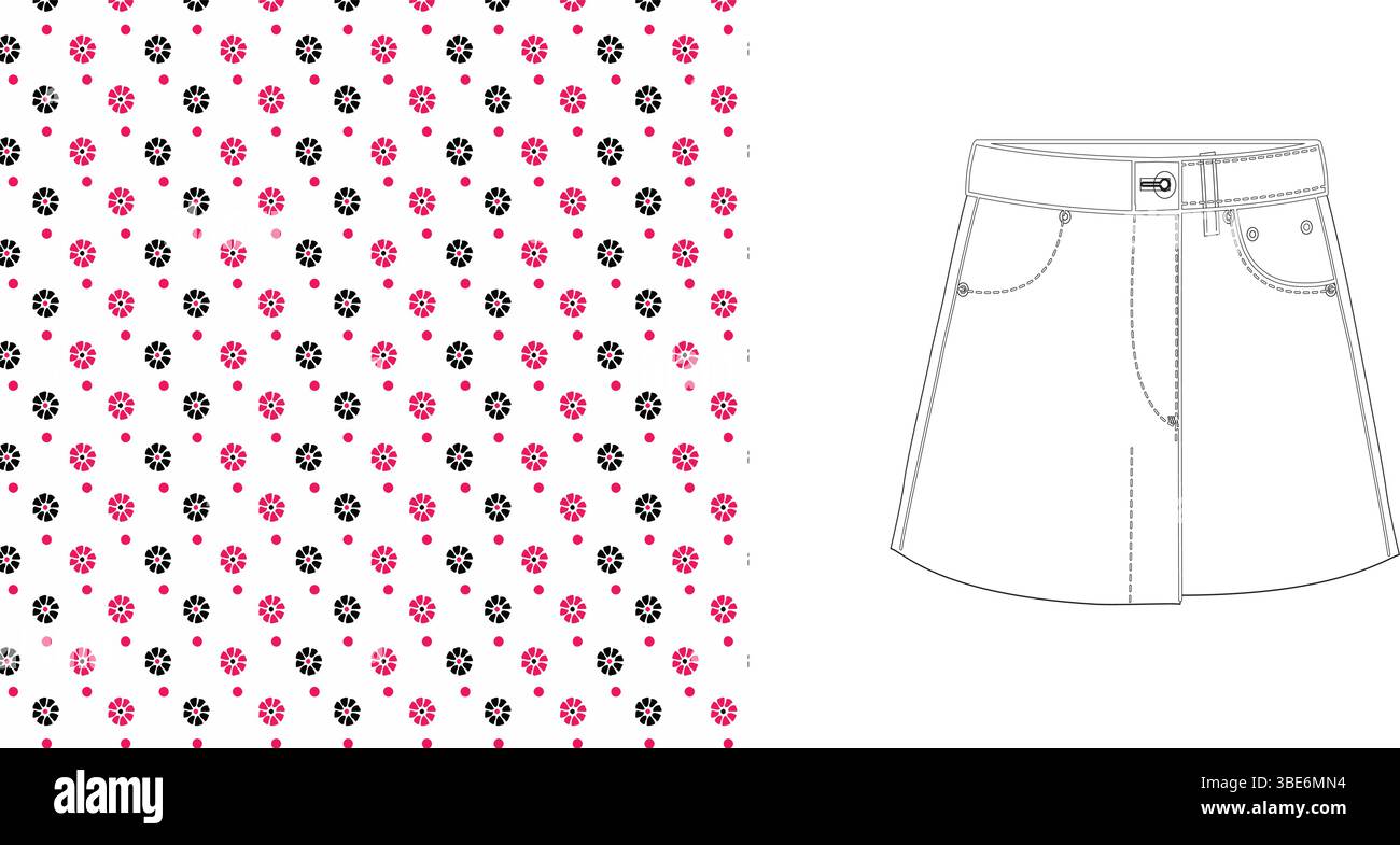 Disegno tecnico di una minigonna in denim con motivo a pois rosa e nero Illustrazione Vettoriale