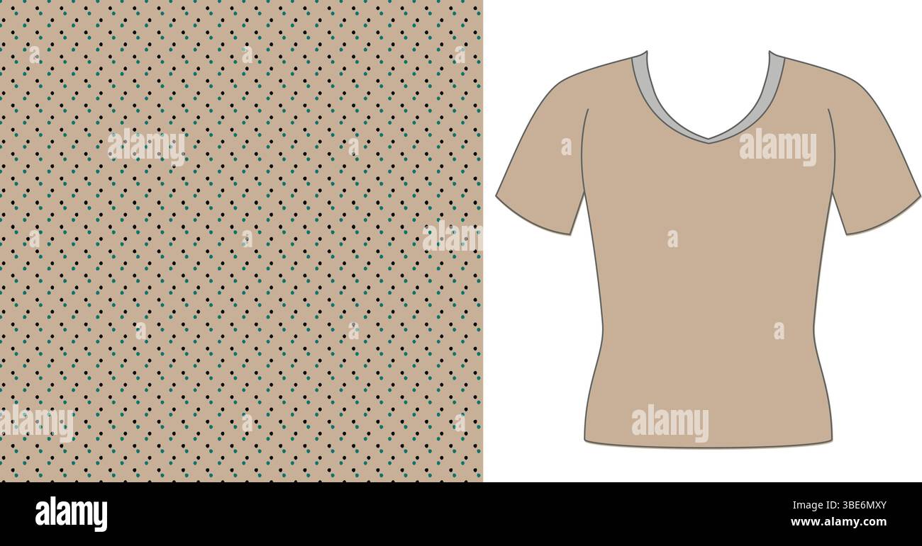 T shirt beige a manica corta con scollo a V e sottile tessuto con motivo a diamanti Illustrazione Vettoriale