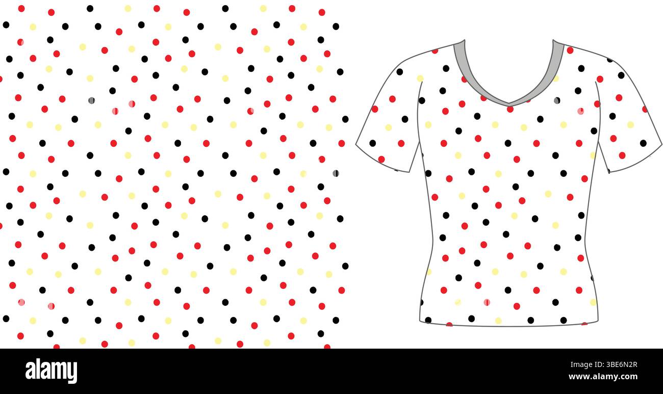 T shirt a pois con puntini rossi neri e gialli su sfondo bianco Illustrazione Vettoriale