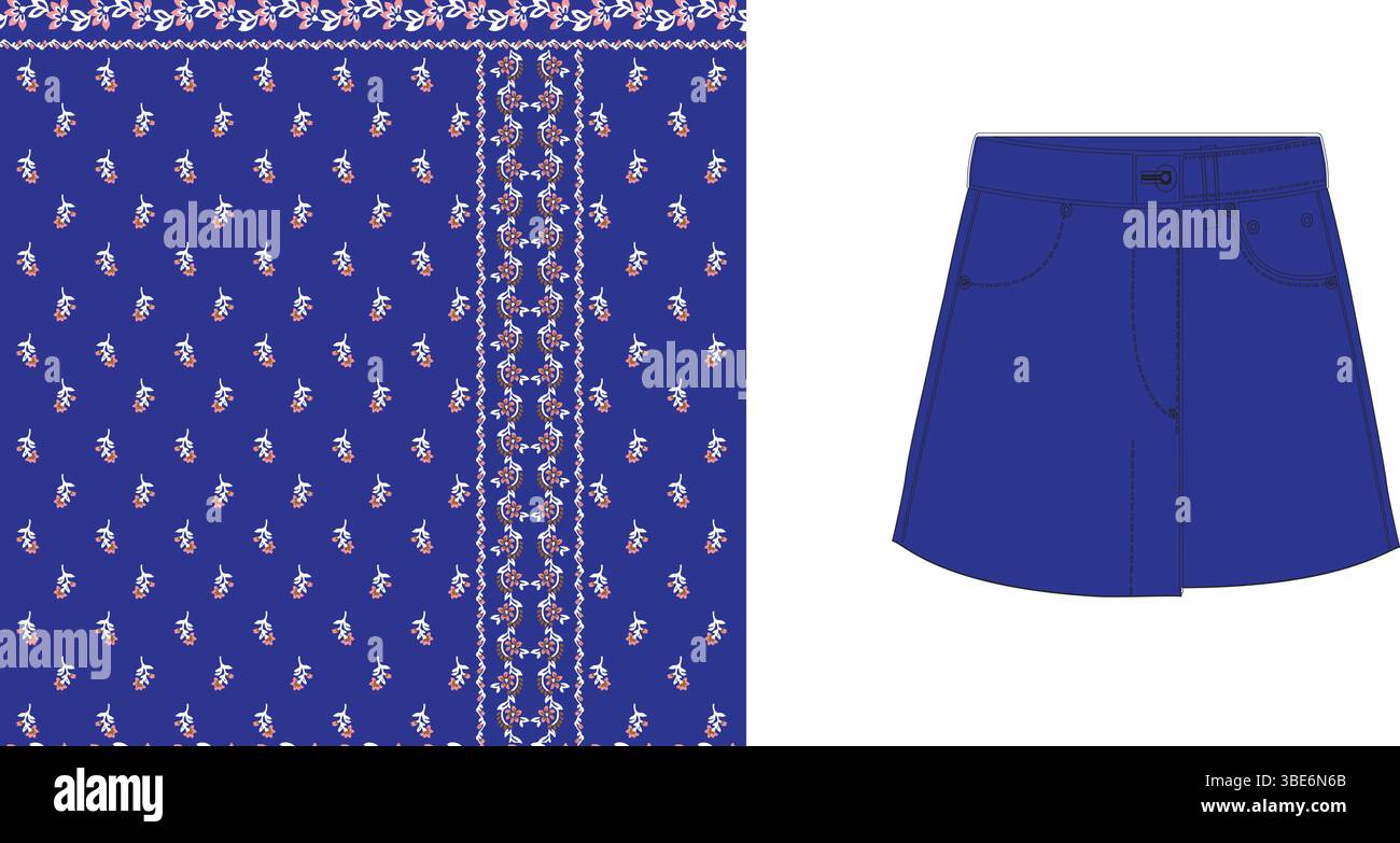 Minigonna in denim blu cobalto con dettagli ricamati rosa e bianco Illustrazione Vettoriale
