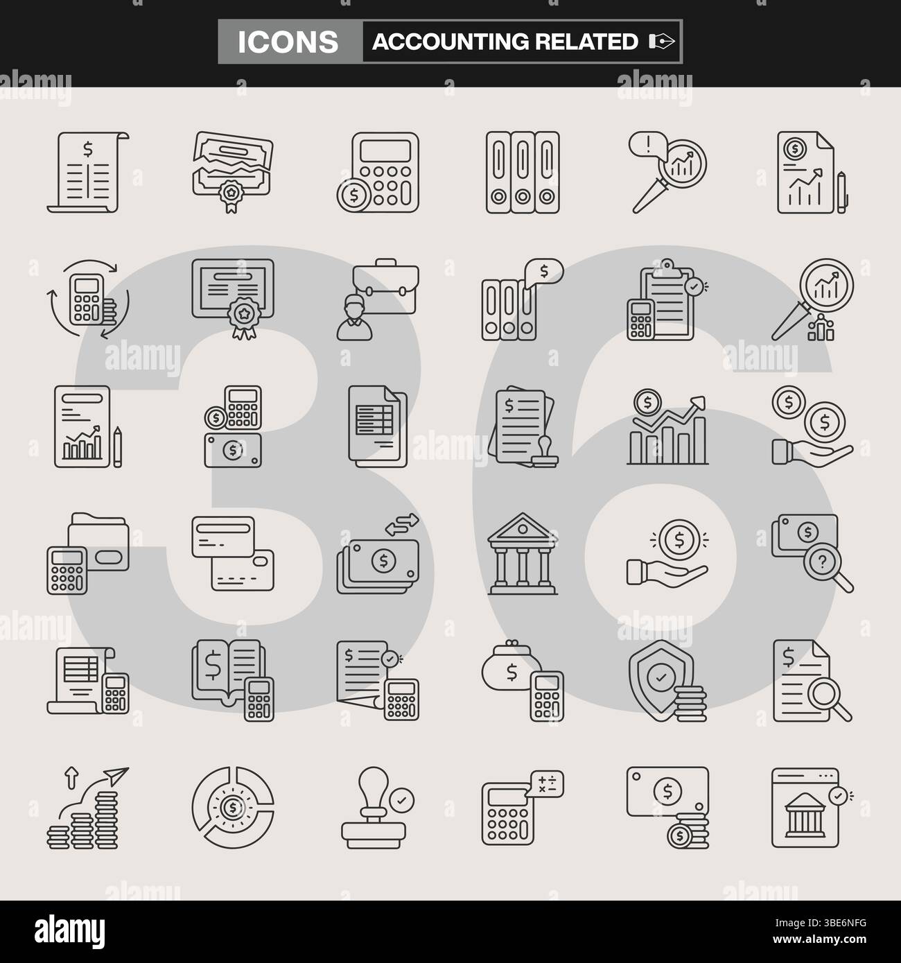Una raccolta di 36 icone relative alla contabilità, con calcolatrici, grafici, sacchetti di denaro, bilance, strumenti finanziari e simboli fiscali. Illustrazione Vettoriale