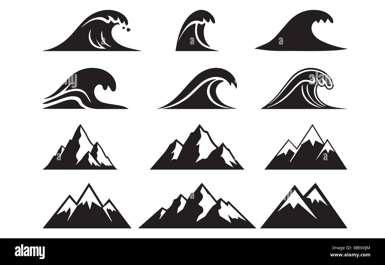 Icone Wave e Mountain Vector – Collezione illustrazioni di silhouette naturali Illustrazione Vettoriale