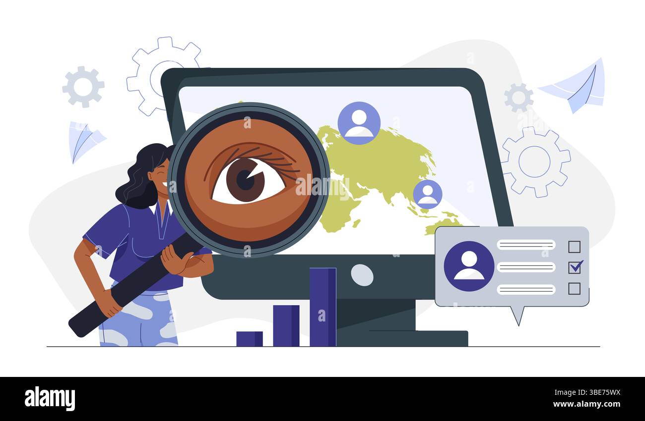L'opinione pubblica online. Donna con lente d'ingrandimento vicino al computer con mappa. Ricerca politica o di marketing. Scienze politiche e sociologia. Piatto Illustrazione Vettoriale