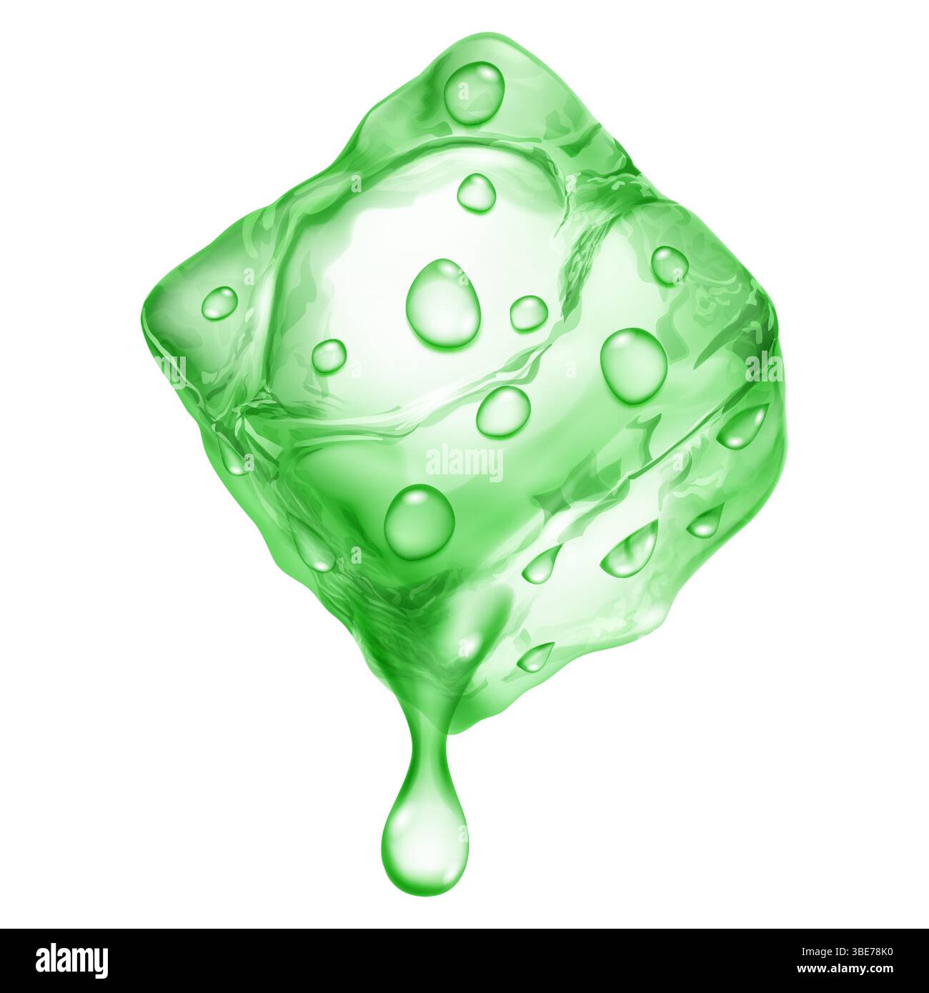 Grande e realistico cubetto di ghiaccio traslucido di colore verde con gocce d'acqua che lo scorrono, isolato su sfondo bianco. Trasparenza solo nel vettore per Illustrazione Vettoriale