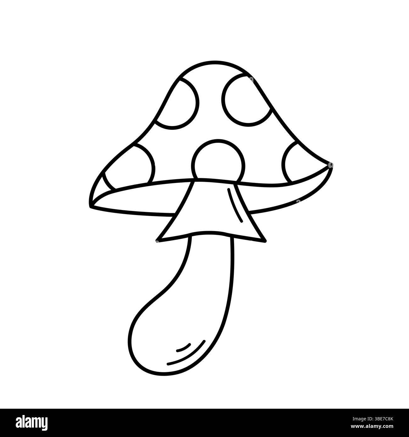 Volare agarico. Amanita. Icona disegnata a mano di un fungo velenoso. Illustrazione vettoriale isolata in stile linea doodle. Illustrazione Vettoriale