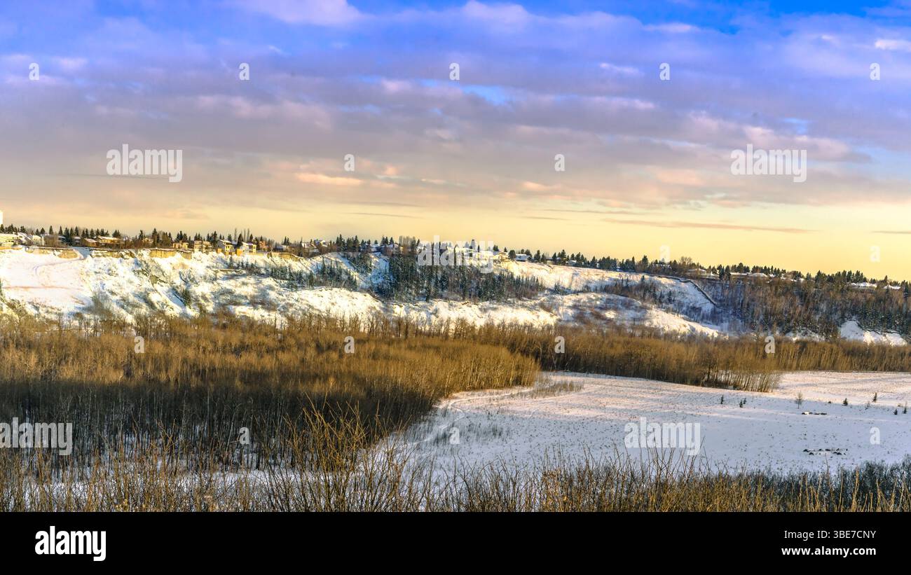 Area naturale della valle del fiume Saskatchewan settentrionale a sud del ponte di Fort Edmonton, sotto la luce dorata del sole serale, Edmonton, Alberta Foto Stock