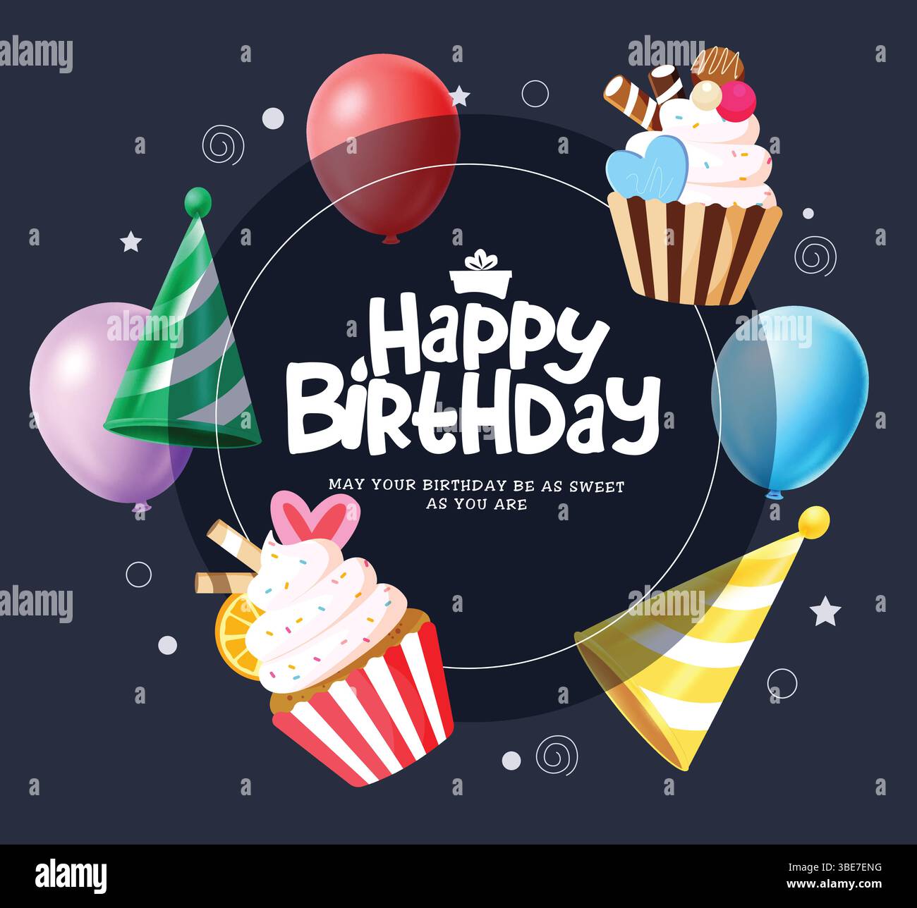 Modello clipart biglietto di auguri di buon compleanno. Testo e desideri di auguri di compleanno nello spazio circolare clip art su sfondo blu con cupcake e palloncini Illustrazione Vettoriale