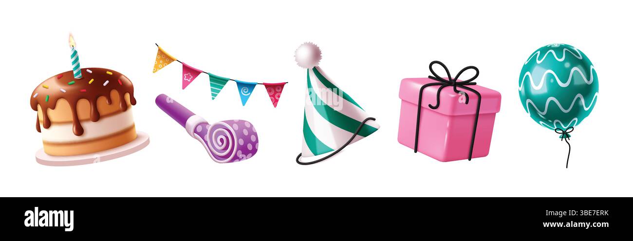Set clipart elementi compleanno. Buon compleanno elementi decorativi natalizi come torta, pennant, palloncino soffiante, cappello da festa e clip art rosa per confezione regalo Illustrazione Vettoriale