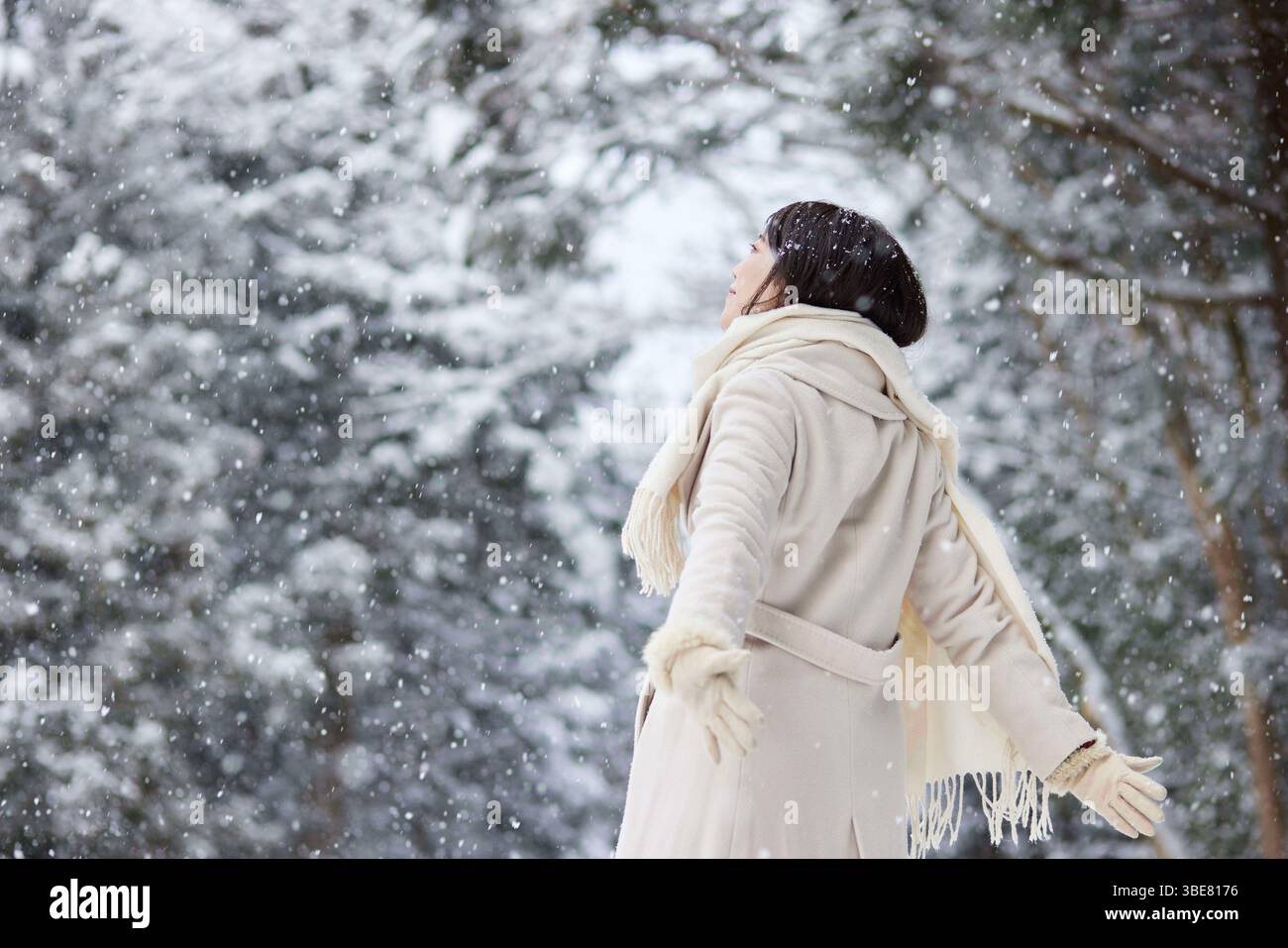 Donna giapponese che indossa una sciarpa in piedi in un paese invernale innevato. Foto Stock