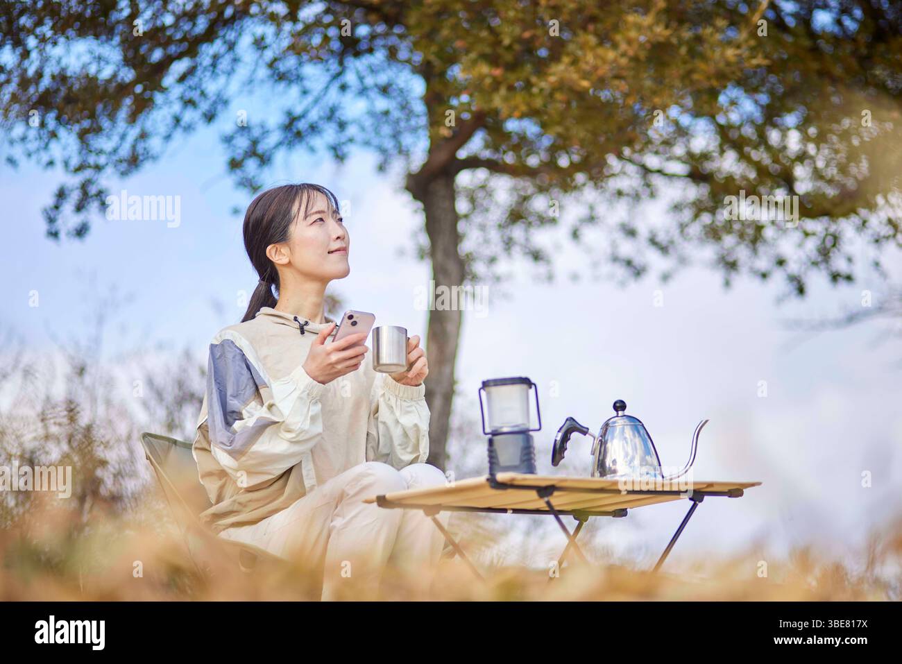 Donna giapponese che usa uno smartphone nelle montagne invernali Foto Stock