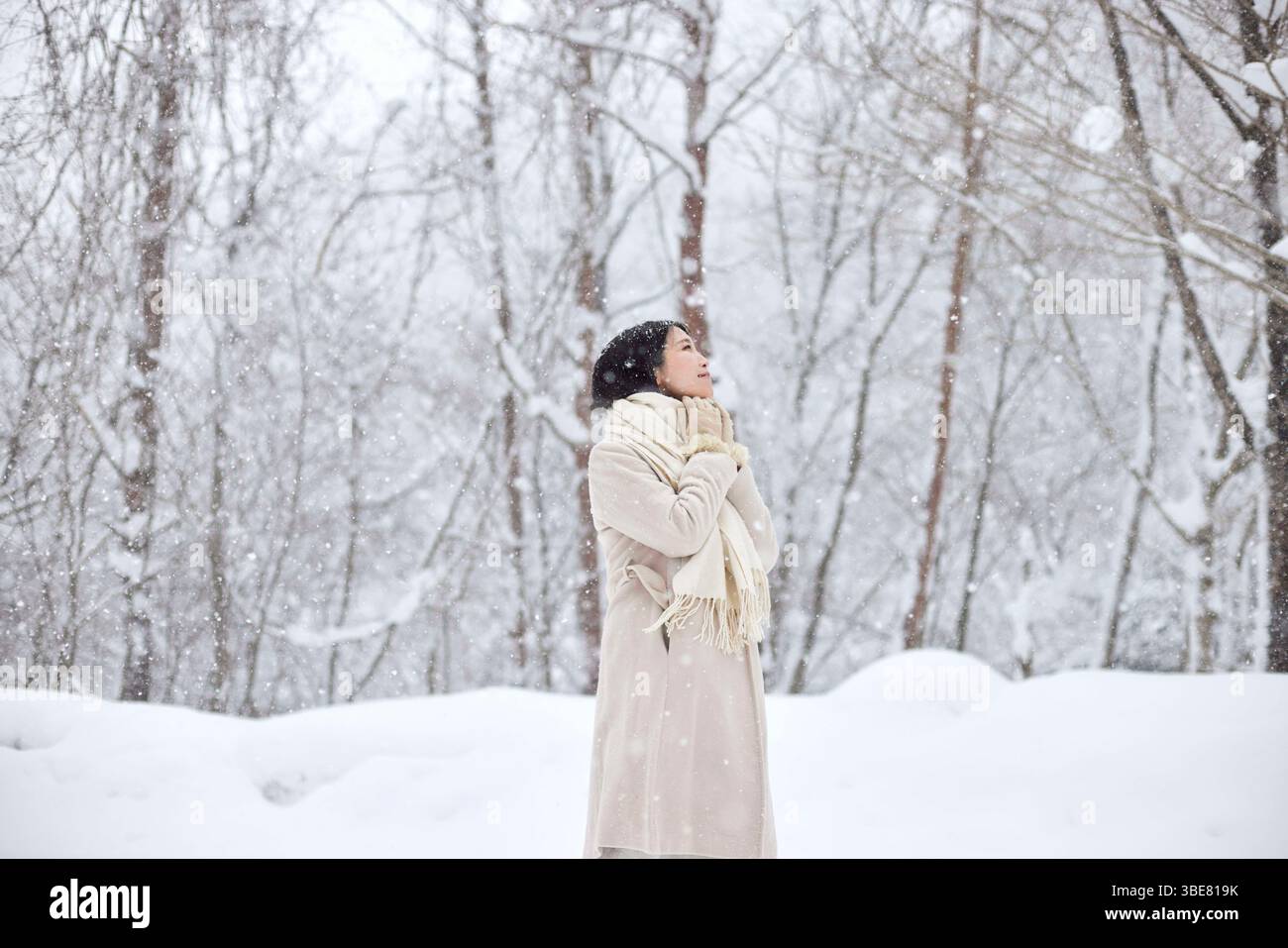 Donna giapponese che indossa una sciarpa in piedi in un paese innevato in inverno Foto Stock