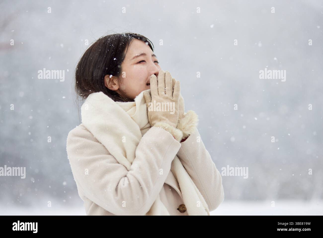 Donna giapponese che indossa una sciarpa in piedi in un paese innevato in inverno Foto Stock