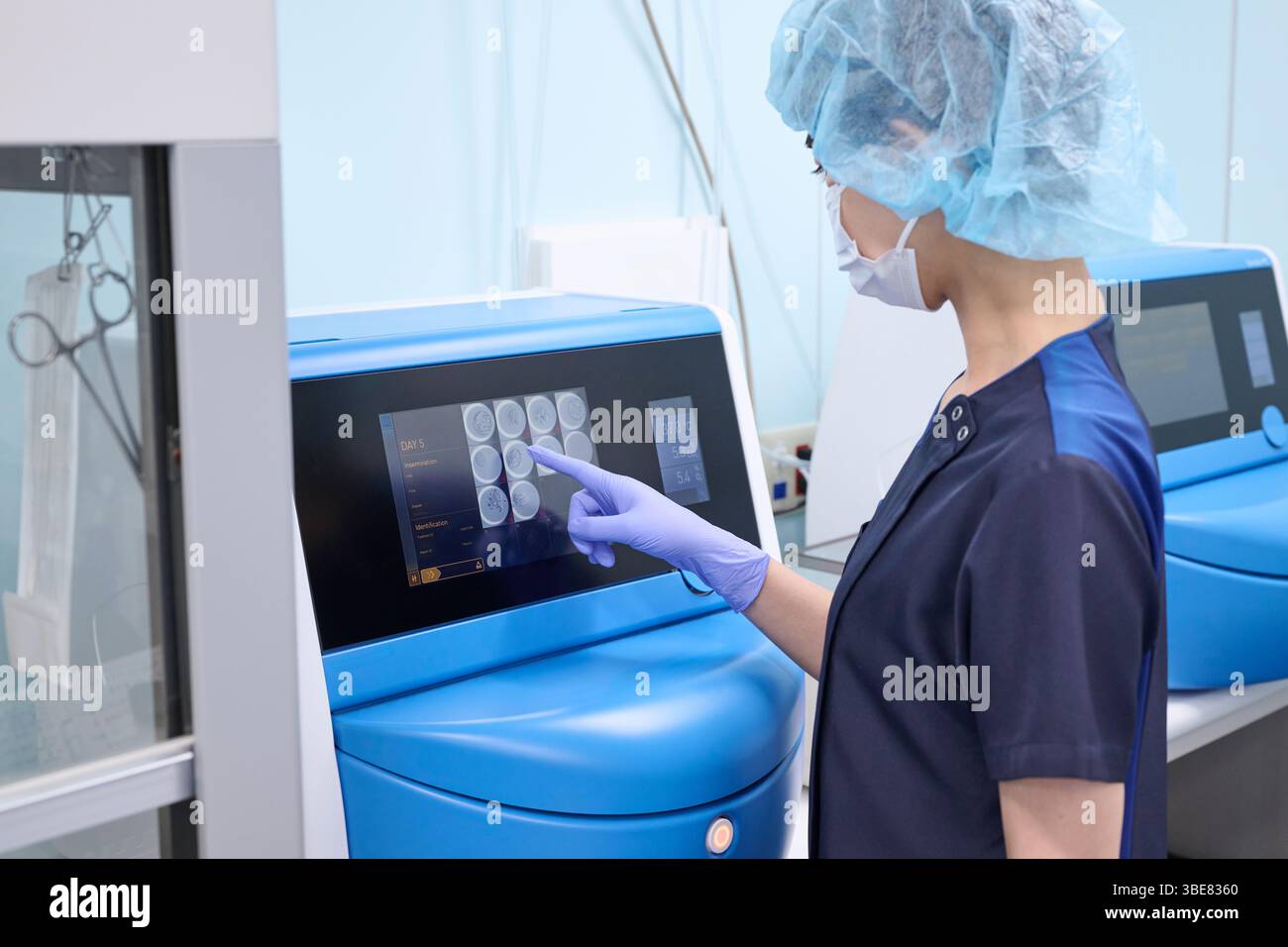 Un embriologo osserva un uovo fecondato in un incubatore. Foto Stock