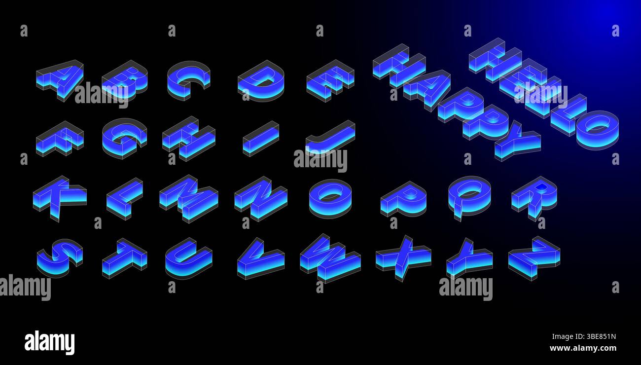 Un set completo di lettere blu neon 3D luminose con uno stile futuristico, perfette per temi di design digitale, tecnologico o fantascientifico. Illustrazione Vettoriale Un set completo di lettere blu neon 3D luminose con uno stile futuristico, perfette per temi di design digitale, tecnologico o fantascientifico. Illustrazione Vettoriale
