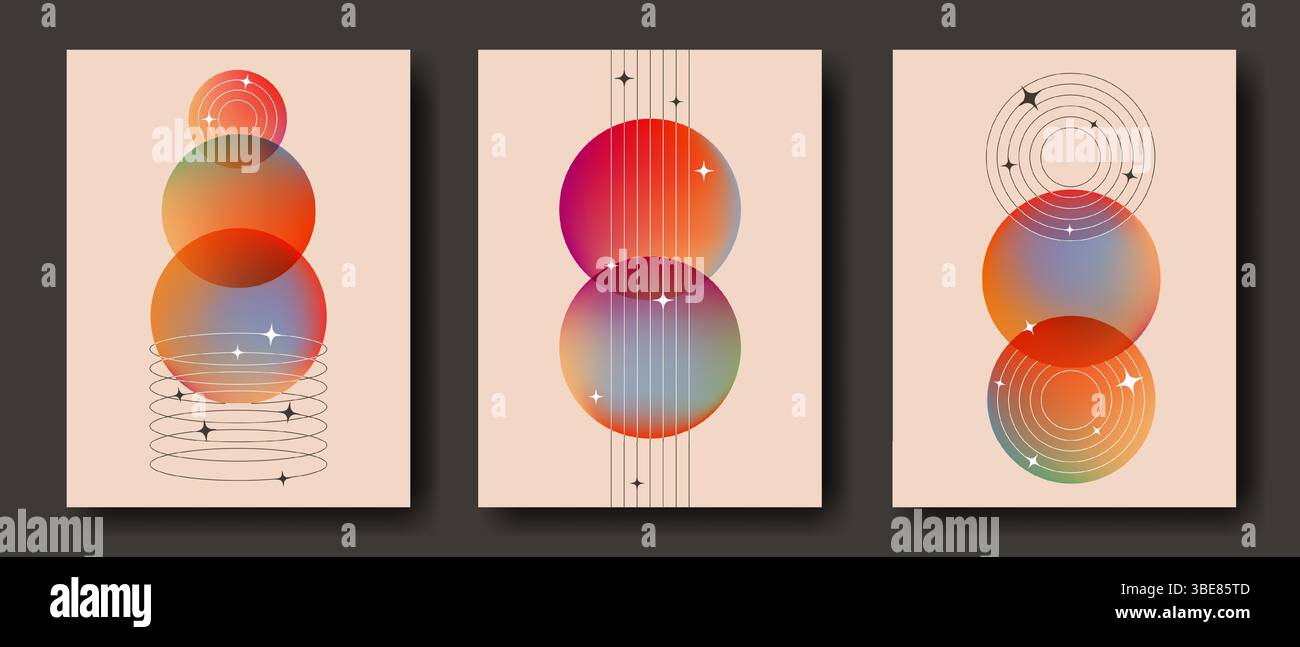Poster musicali in stile Bauhaus con forme geometriche astratte. Composizioni minimaliste con cerchi sfumati traslucidi, linee e curve verticali, stelle e brillanti. Set decorativo da parete retrò. Illustrazione Vettoriale