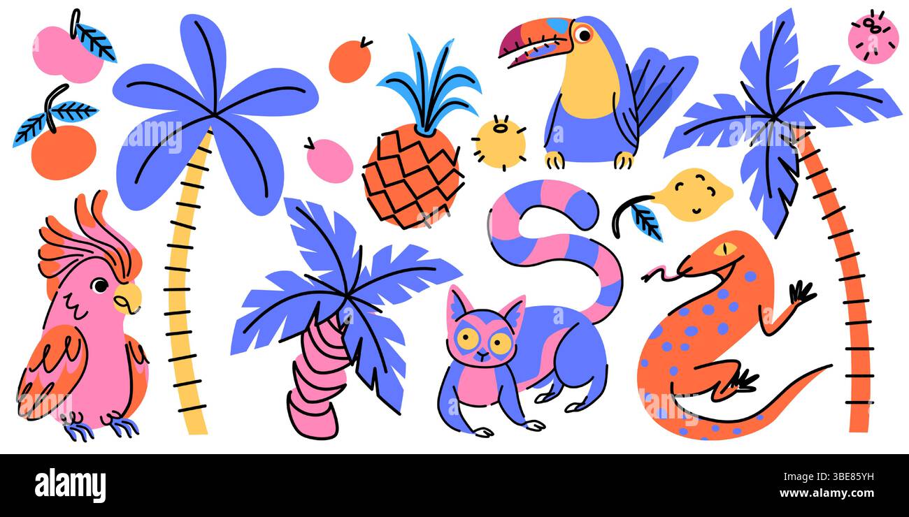 Set di adesivi tropicali retrò con personaggi animali: Pappagallo e tucano, lemure e lucertola, palme e frutti. Vivaci e originali scarabocchi in colori vivaci. Vettore esotico per la fauna selvatica per il design estivo. Illustrazione Vettoriale