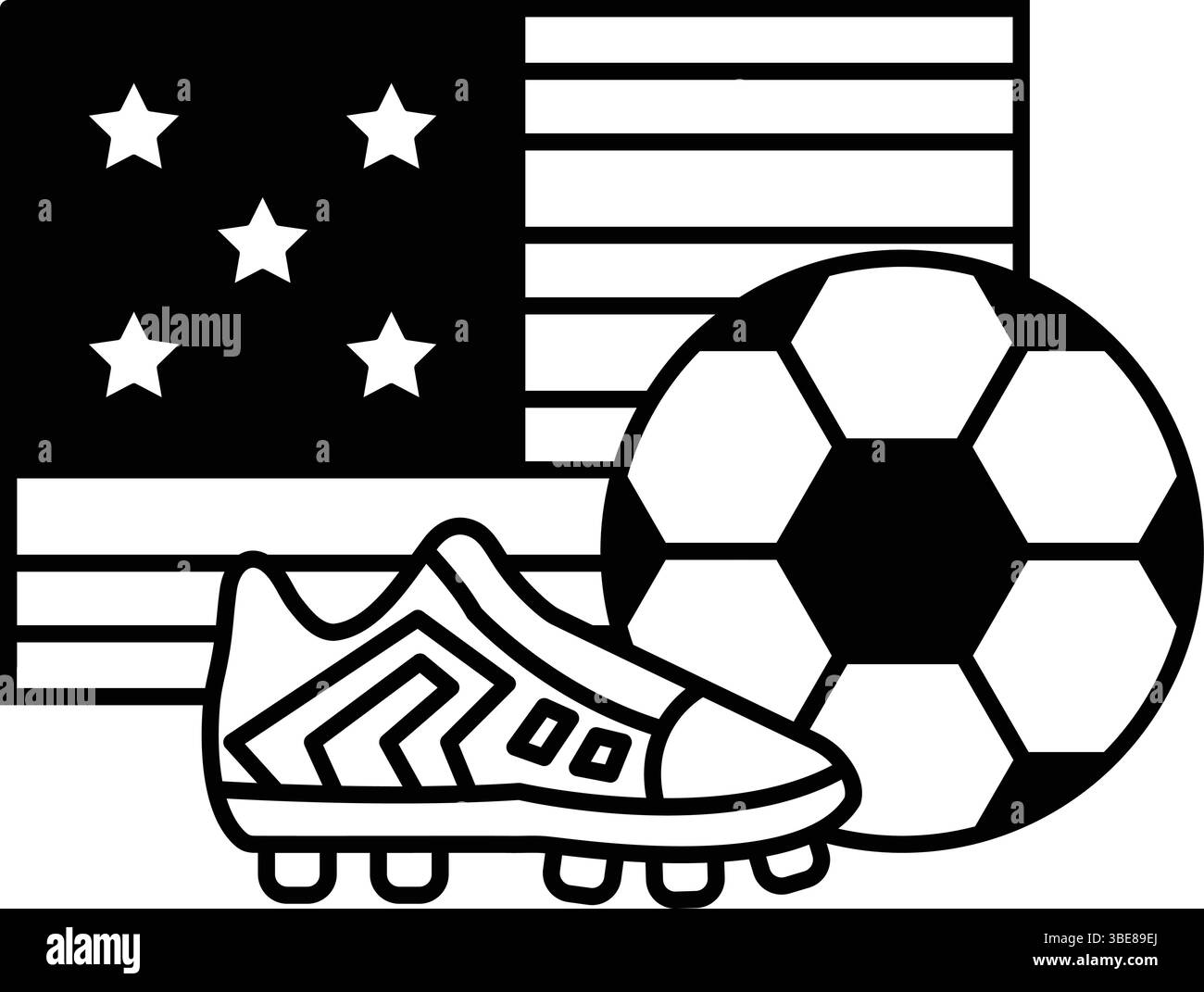 Un disegno bianco e nero di una palla da calcio, un paio di scarpe da calcio e una bandiera americana Illustrazione Vettoriale Un disegno bianco e nero di una palla da calcio, un paio di scarpe da calcio e una bandiera americana Illustrazione Vettoriale