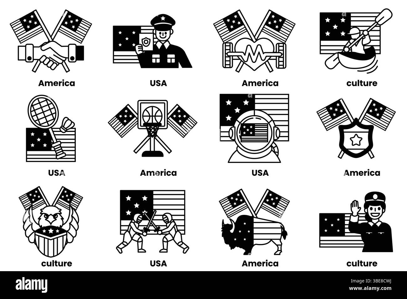 Una serie di immagini in bianco e nero di bandiere e persone. Le bandiere provengono dall'America, dall'Europa e dall'Asia. La gente è vestita con vari costumi, inclusi Illustrazione Vettoriale