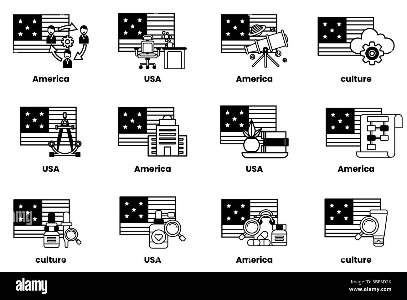 L'immagine è un insieme di dodici icone diverse degli Stati Uniti. Ogni icona rappresenta un aspetto diverso della cultura americana, come la tecnologia, bu Illustrazione Vettoriale