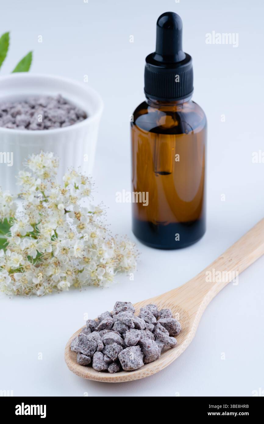 Mockup di bottiglia contagocce in vetro soffiato e integratori a base di erbe su un cucchiaio di legno con fiore di sambuco in fiore su sfondo bianco Foto Stock