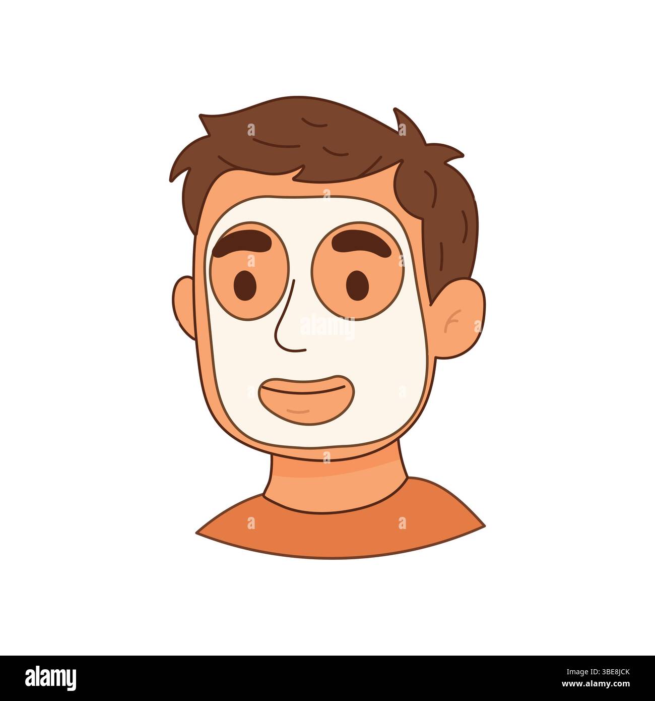 Cartone animato di uomo con maschera di foglio bianco che copre tutto il viso, che rappresenta la rilassante cura della pelle e la routine idratante. Illustrazione Vettoriale