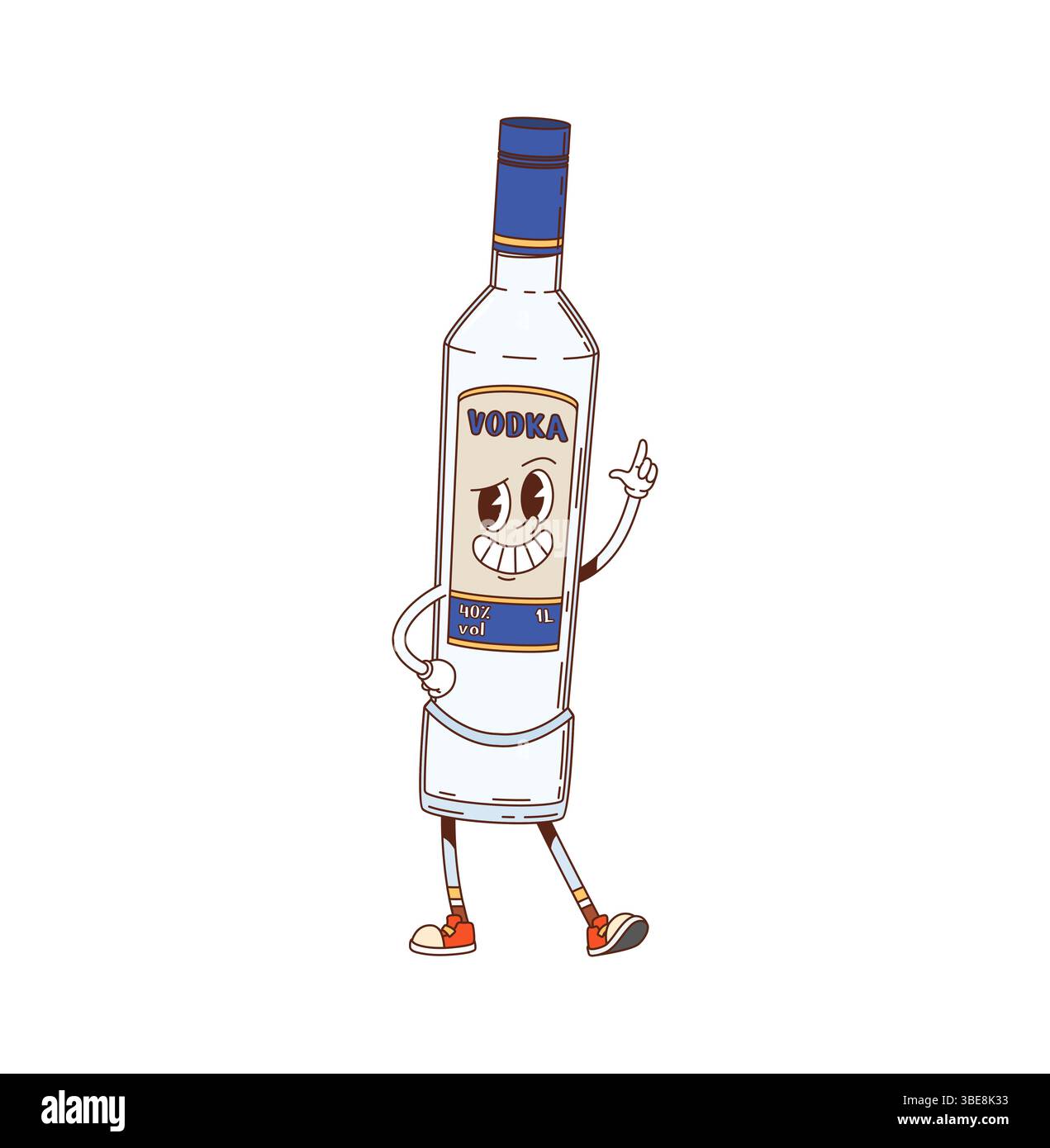 Bottiglia di vodka per bevande dal carattere allegro. Bottiglia di bevande alcoliche da festa carino personaggio retrò vettoriale, distillato alcolico divertente personaggio vintage. Vodka bar o bevanda alcolica da pub, allegra mascotte Illustrazione Vettoriale