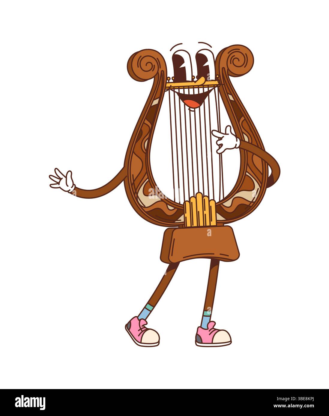 Personaggio dello strumento musicale Cartoon Groovy lira. lyra vettoriale isolata ha aggiunto un personaggio che suonava musica classica o folk. Arpa greca tradizionale che esprime vibrazioni retrò positive che sussurrano le proprie corde Illustrazione Vettoriale