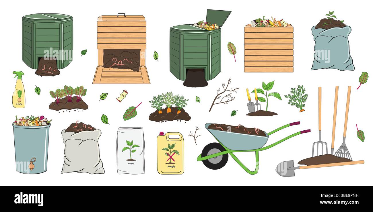 Set di attrezzature e attrezzi per il giardinaggio, rifiuti organici, fertilizzanti, compostatori in legno e plastica. Agricoltura e agricoltura. Illustrazione vettoriale disegnata a mano Illustrazione Vettoriale