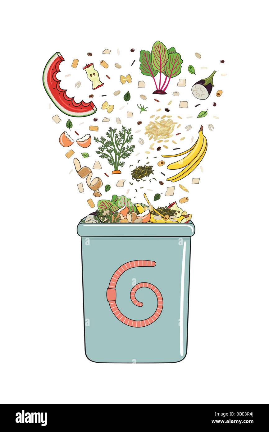 Cestino per vermicompostare con frammenti di cucina cadenti, frutta e verdura. Niente cibo sprecato. Riciclaggio di rifiuti organici, compost. Una vita sostenibile, zero Illustrazione Vettoriale