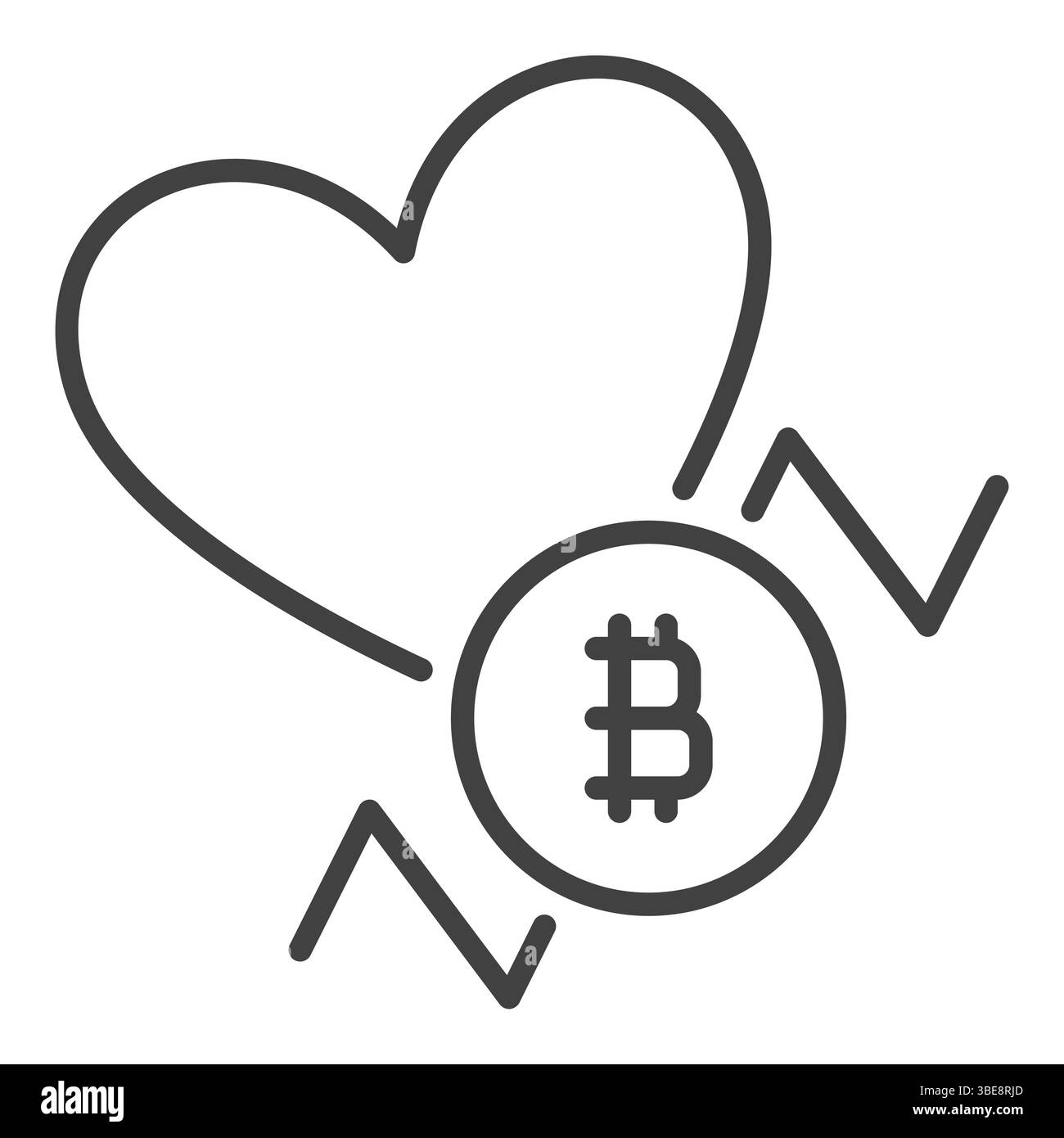 Icona o simbolo del contorno del concetto di trading BTC del vettore del grafico finanziario di cuore e Bitcoin Illustrazione Vettoriale