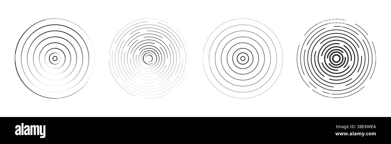 Onda sonora, linea del segnale radar. Effetto cerchio circolare concentrico, anello ad acqua circolare. Scansione con vibrazione del contorno o musica. Schermata di destinazione, turbolenza dello scanner. Illustrazione vettoriale Illustrazione Vettoriale