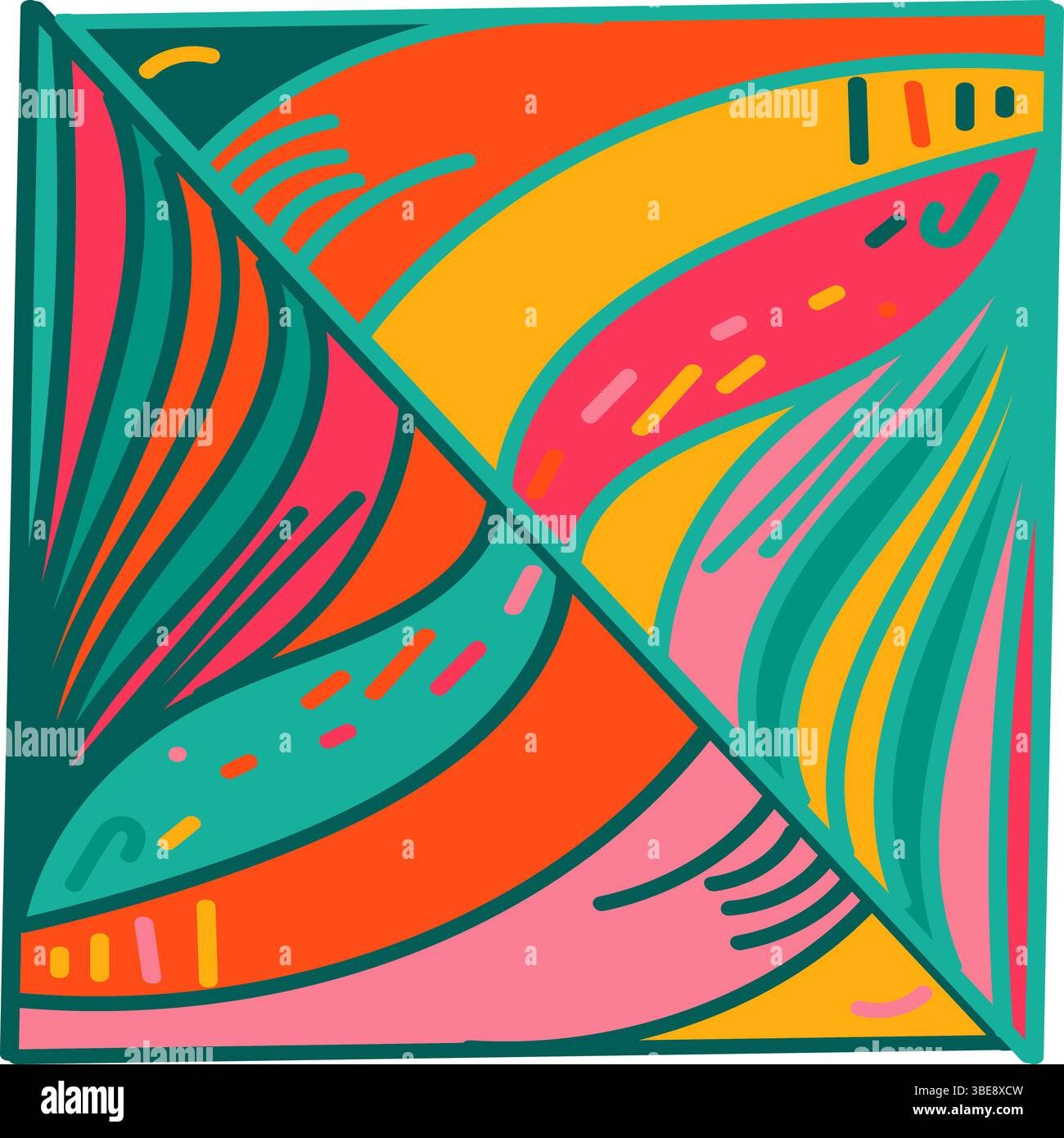 Un motivo vettoriale senza cuciture ispirato alle spiagge tropicali, caratterizzato da onde vibranti e vortici in verde, rosa, arancione e giallo. Perfetto per i tessuti, con Illustrazione Vettoriale
