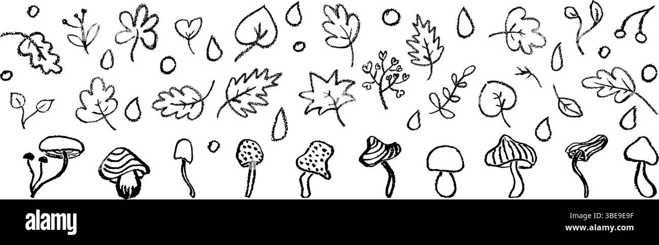 Pastello nero, vettoriale autunnale con foglie, funghi, frutti di bosco e gocce di pioggia su bianco bg per i bambini, artigianato dell'asilo, ritorno a scuola Illustrazione Vettoriale