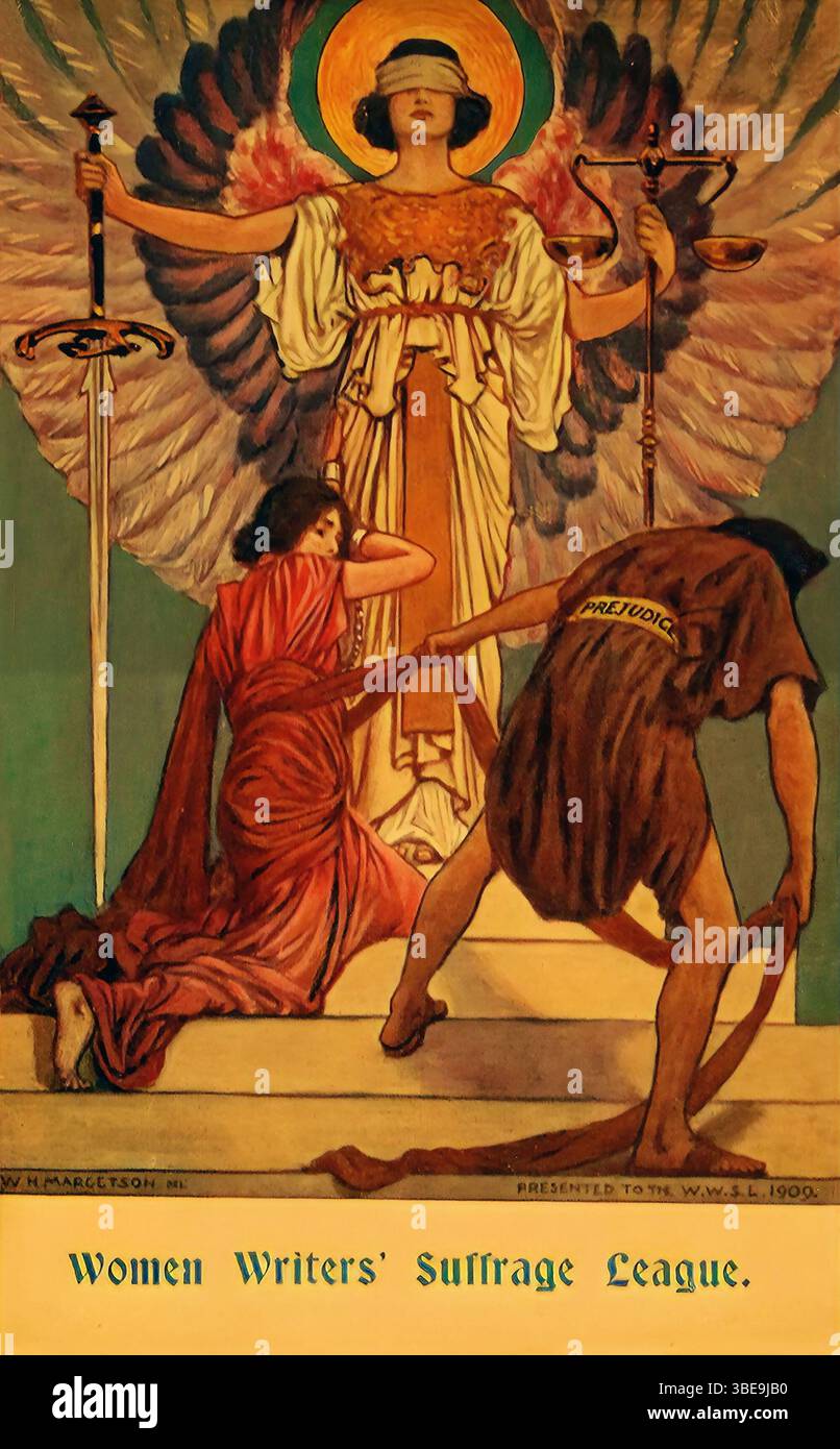 William Henry Margetson suffragetta cartolina che promuove i diritti delle donne e la campagna per concedere alle donne il voto. Un esempio di una cartolina di propaganda a favore del suffragio prodotta dalla Women Writers' Suffrage League, 1909, intitolata Prejudice. Nell'immagine, una donna si trova di fronte a una signora bendata, che resiste, mentre una figura etichettata come "pregiudizio" tenta di trascinarla via. Il messaggio dell'immagine è di resistenza a una forza brutale, che nega alle donne i loro diritti fondamentali. Foto Stock
