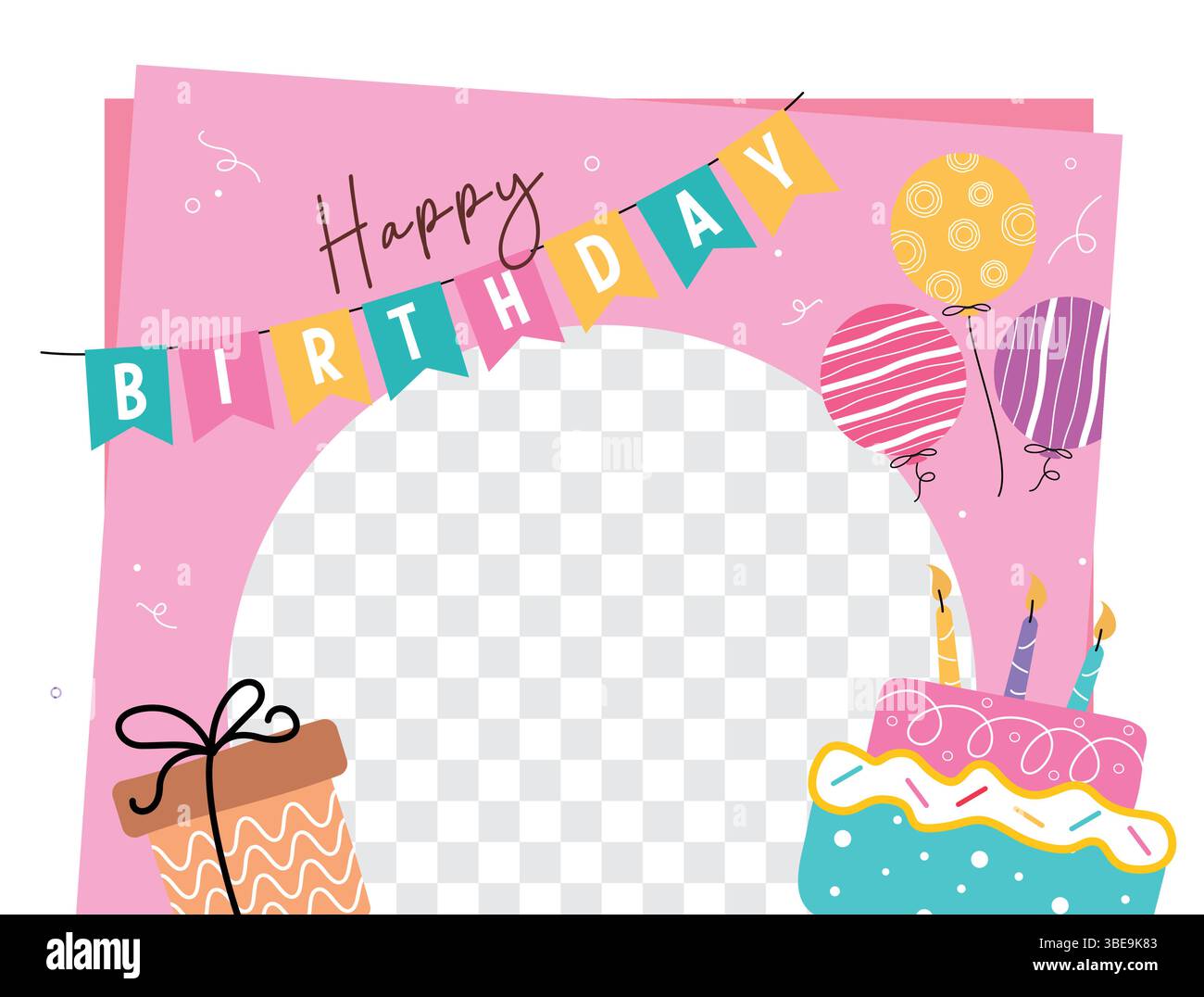 Modello di auguri di compleanno con testo e palloncini colorati, clip art per torta e confezione regalo per le feste Illustrazione Vettoriale