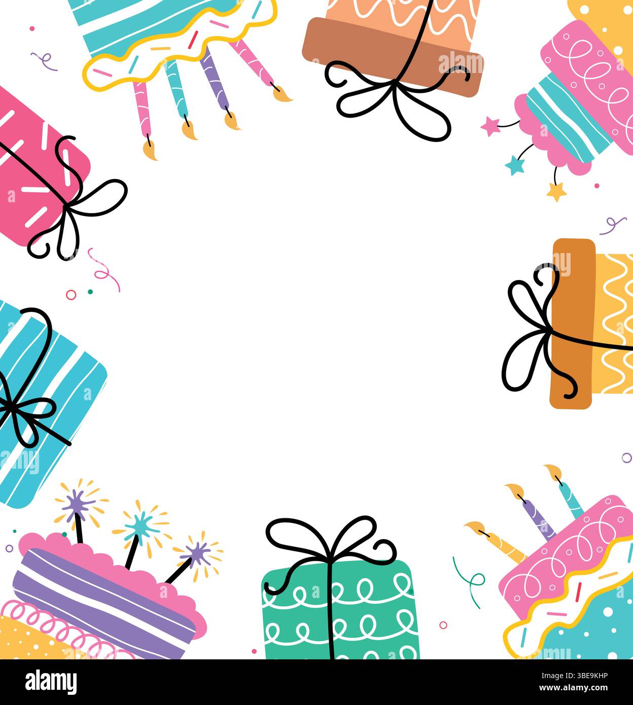 Modello da cartolina per auguri di buon compleanno con scatole regalo colorate e clip art con elementi per torte su sfondo bianco Illustrazione Vettoriale