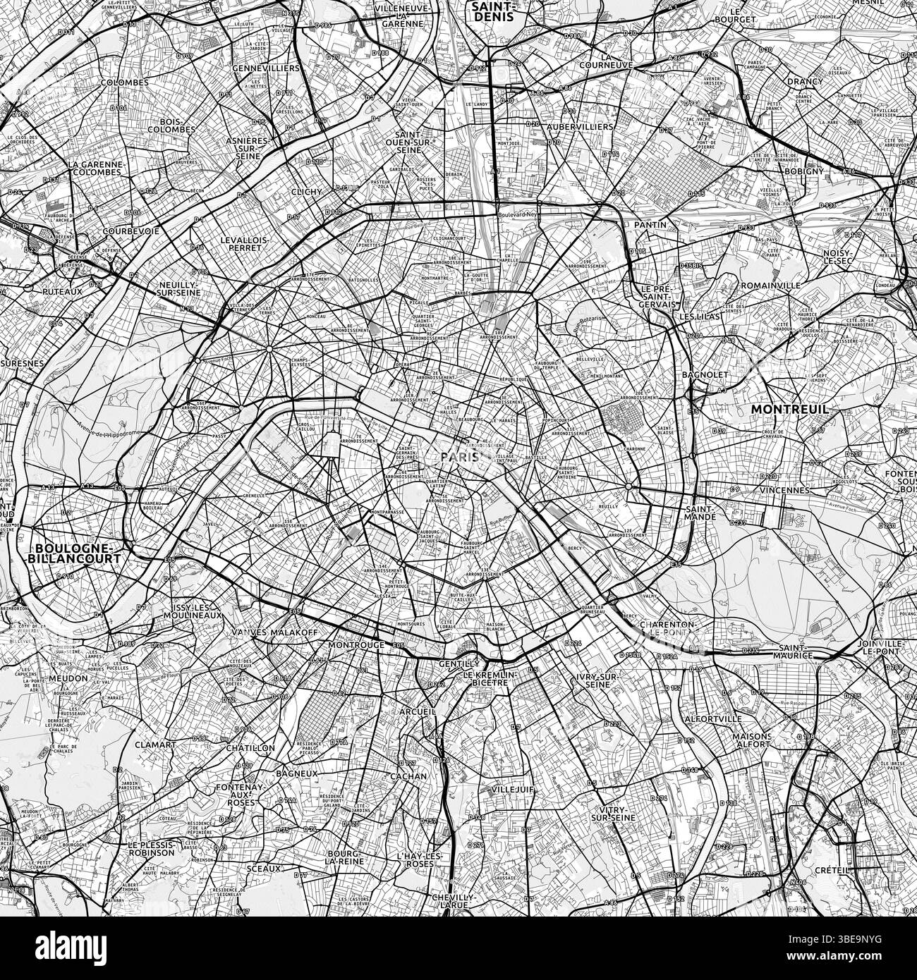 Mappa minimalista dell'area di Parigi con etichette e quartieri con molti dettagli per strade urbane, sentieri e strade. Design nordico in stile cartina leggera con Foto Stock