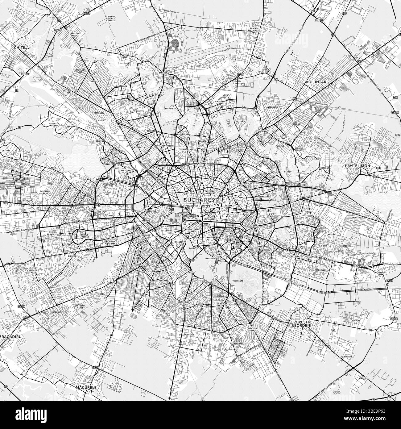 Mappa minimalista dell'area di Bucarest con etichette e quartieri con molti dettagli per strade urbane, sentieri e percorsi. Design nordico in stile cartina leggera Foto Stock