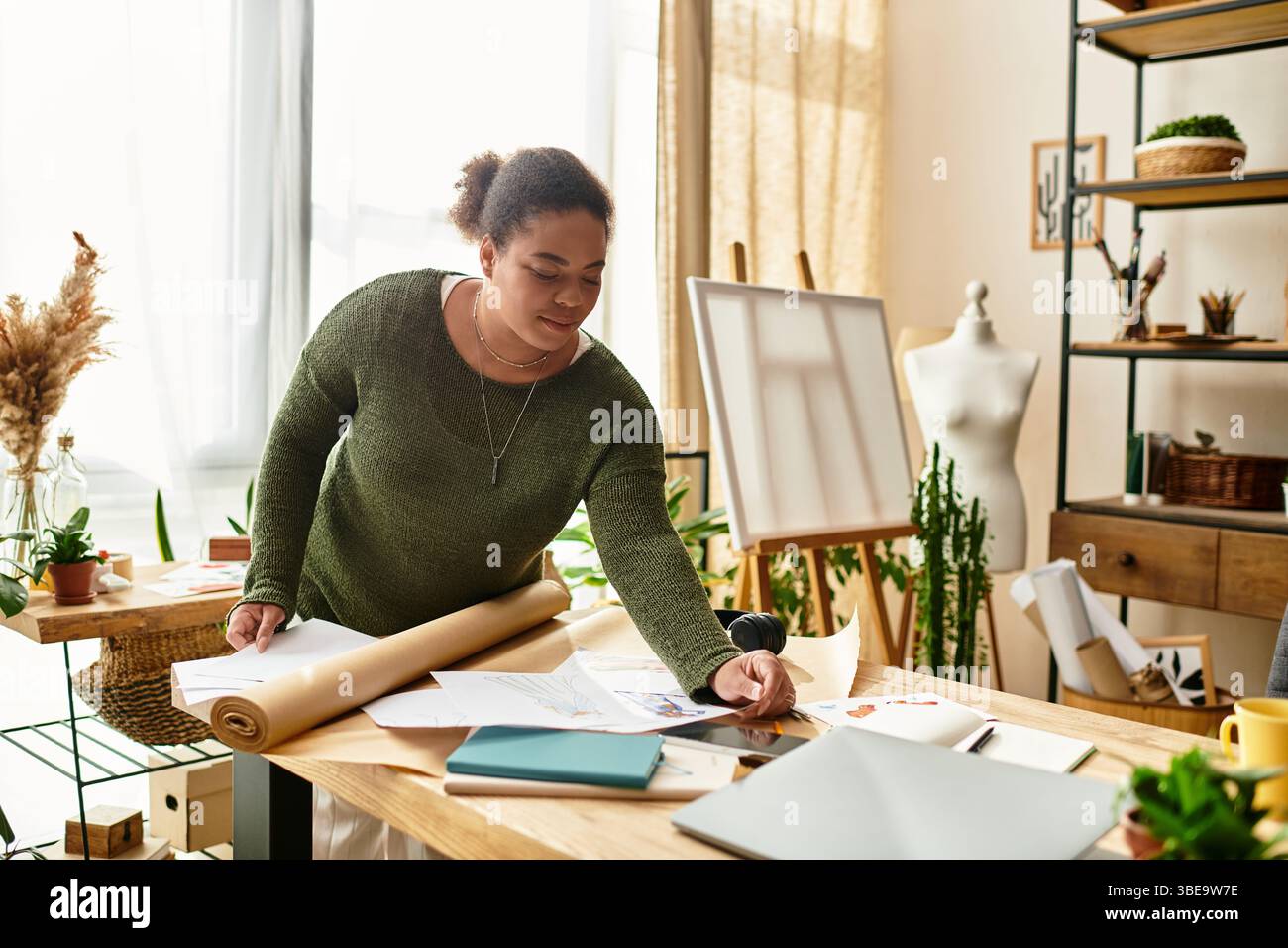 Una bella donna ama le attività creative in un soleggiato e stimolante laboratorio di artigianato. Foto Stock