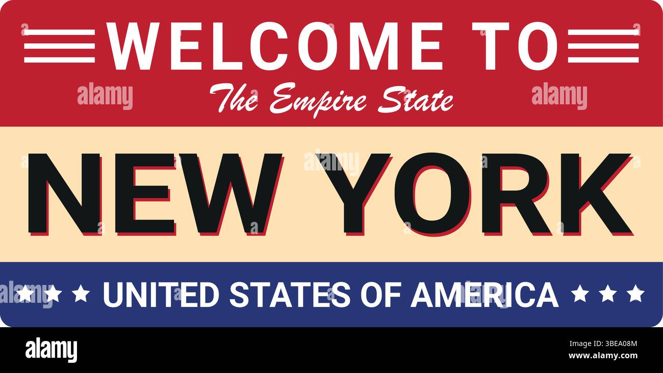 benvenuto a new york insegna in rosso, beige e blu con testo in grassetto utilizzato per viaggi, turismo o souvenir Illustrazione Vettoriale