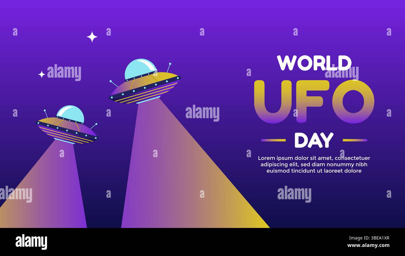 Modello di saluto World UFO Day su sfondo viola gradiente con due UFO volanti. Illustrazione di sfondo della giornata mondiale UFO Illustrazione Vettoriale