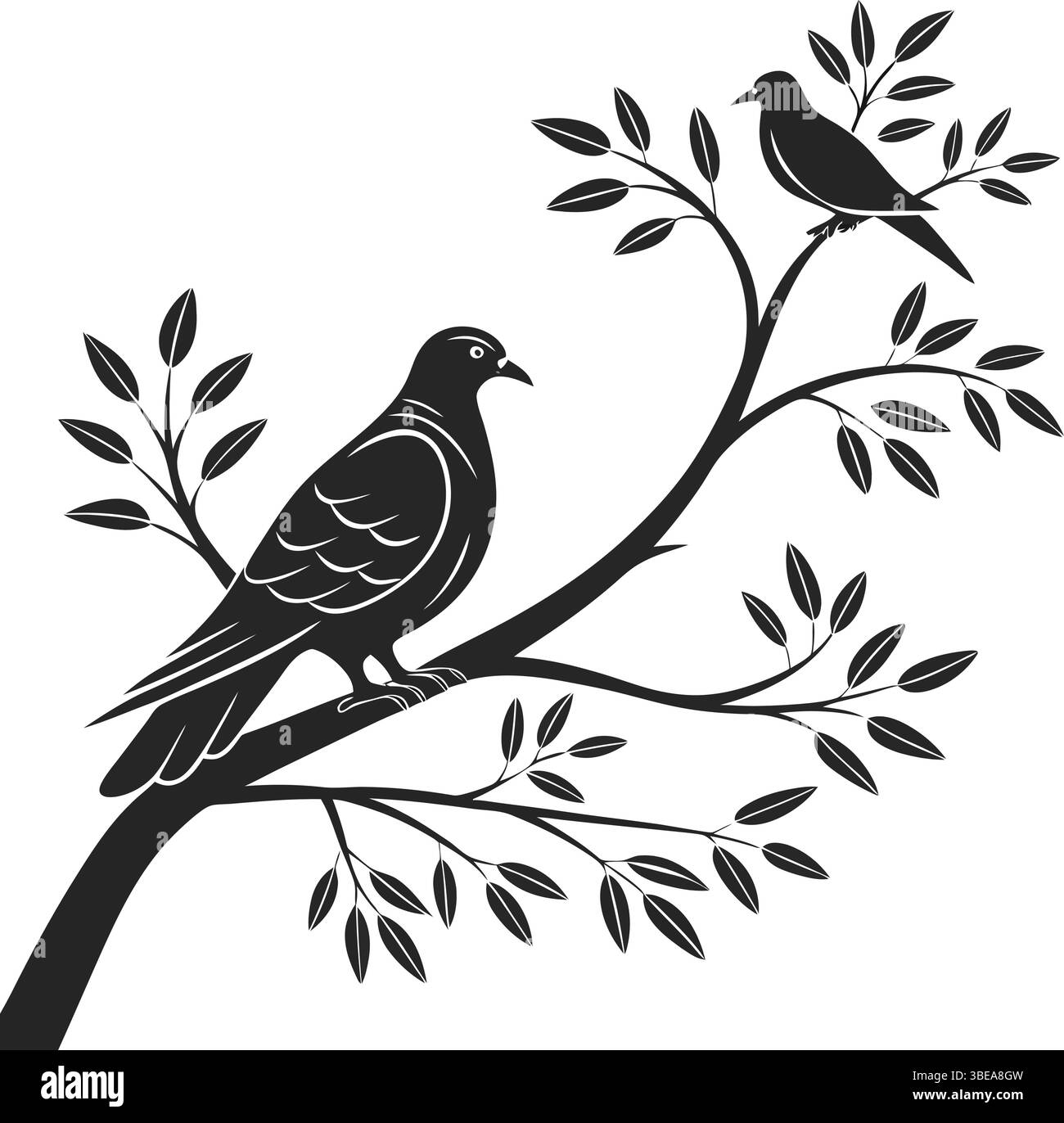 Silhouette Birds on Branch: Due uccelli appollaiati su un ramo frondoso, una scena tranquilla realizzata in una silhouette in bianco e nero. Questo minimalista d Illustrazione Vettoriale
