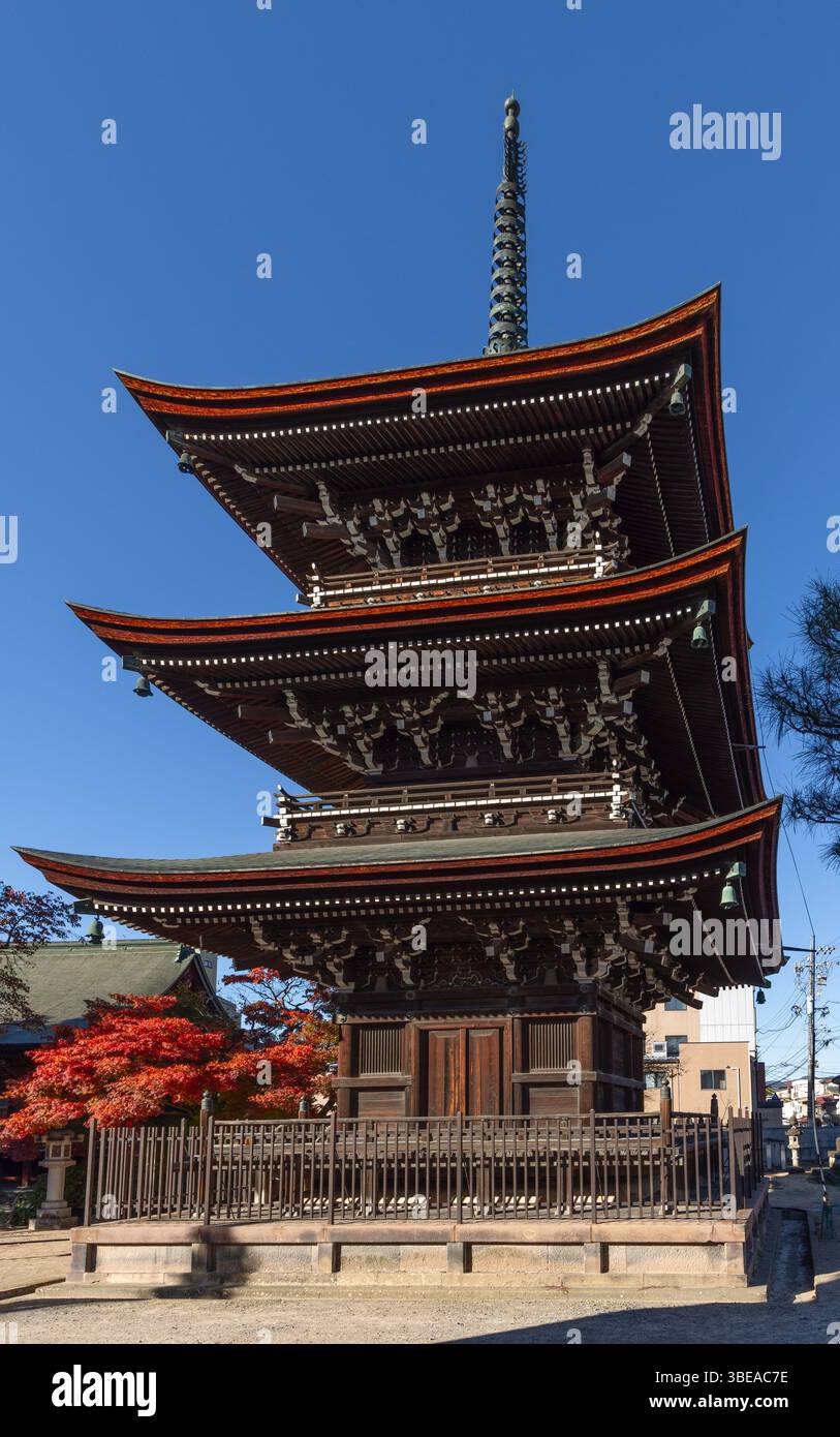 Vista verticale della pagoda di Kokubunji a Sowamachi Takayama in Giappone con dettagliata architettura in legno, foglie autunnali e cielo azzurro Foto Stock