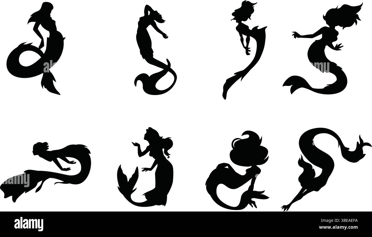Set icone silhouette sirena - simbolo fantasia della creatura marina mitica, etichetta, distintivo, logo, sigillo, timbro, firma per il design - disegno del tatuaggio Illustrazione Vettoriale